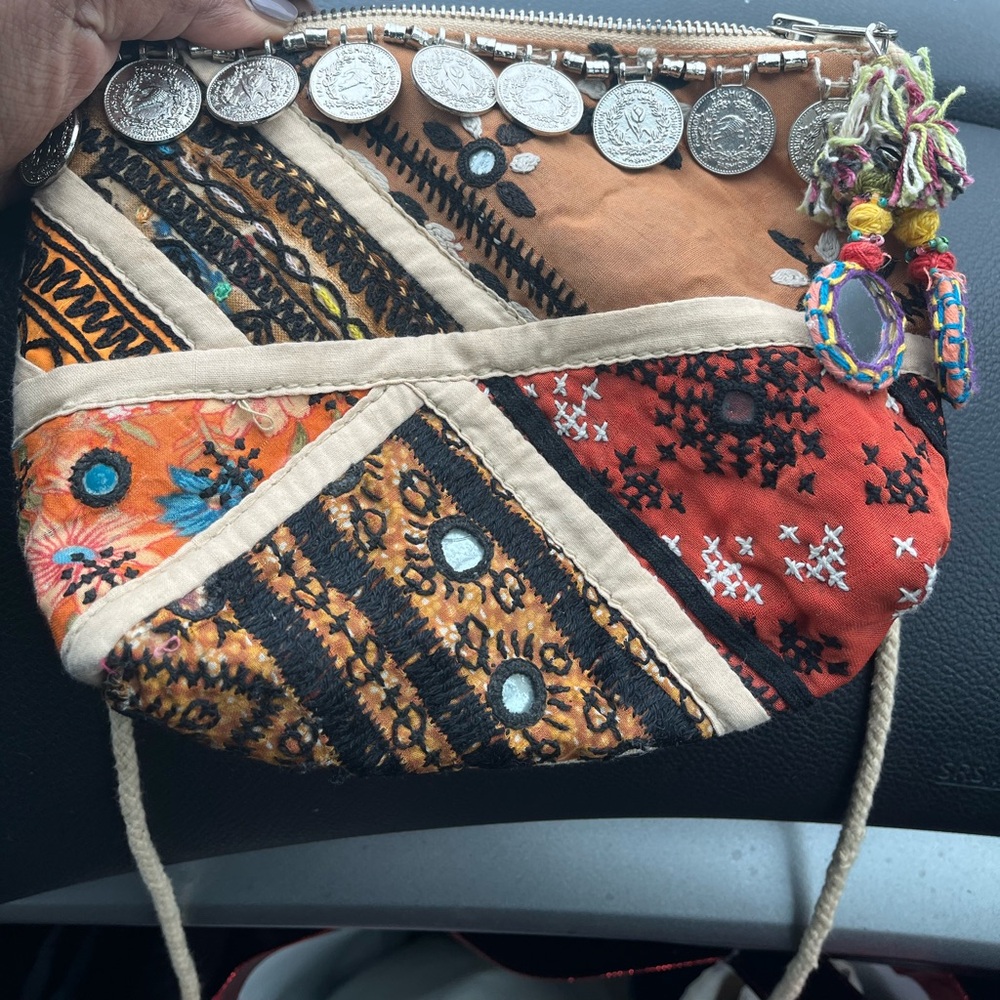 Antik batik coin embellishments bag handmade crochet fabric